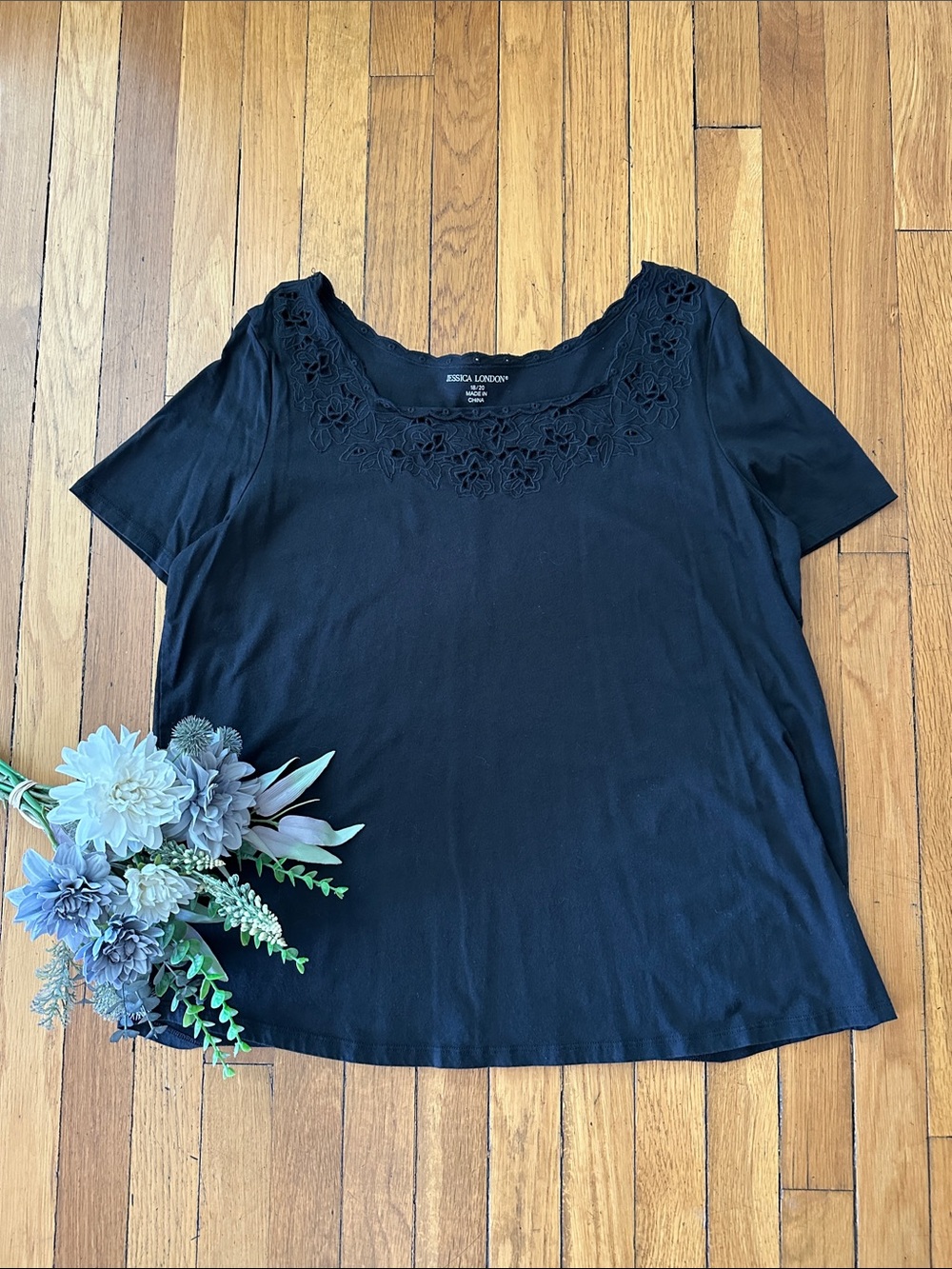 Jessica London Black Short-Sleeve Scoop Neck Top with Floral Embroidery